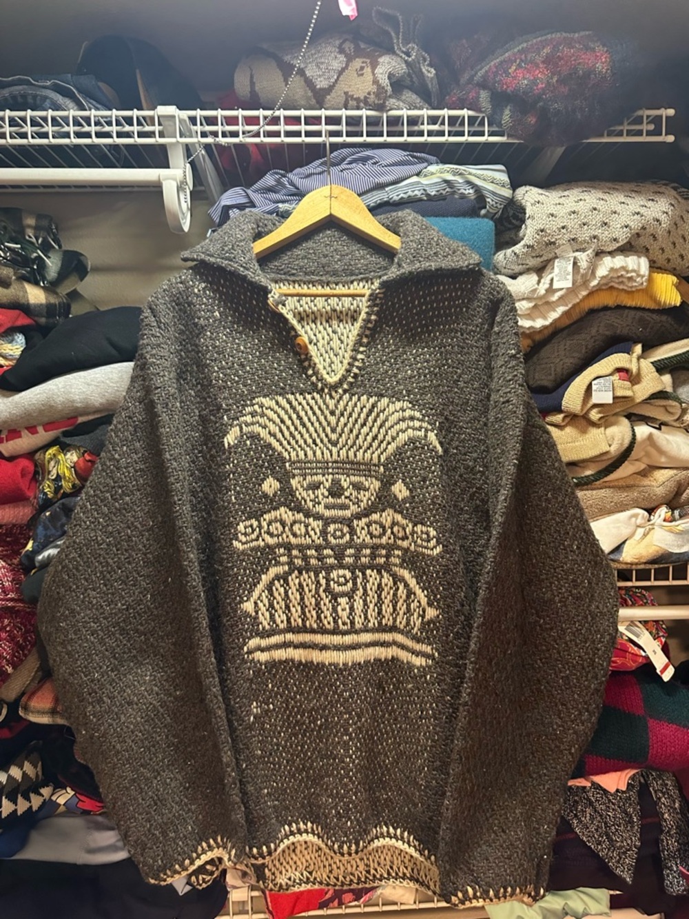 Vintage Native Aztec Southwest Mask Pattern Hand Knit Sweater Men’s XL